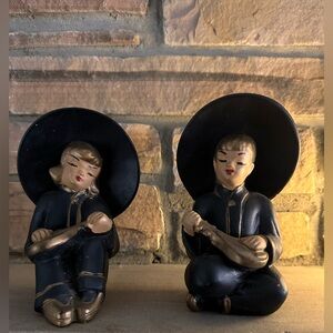 Vintage Asian-themed chalk-ware figurines from the 1950s in fair condition